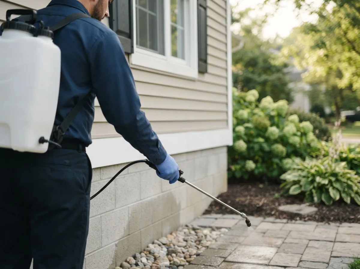 Pest control technician inspecting a home in Santa Fe, TX